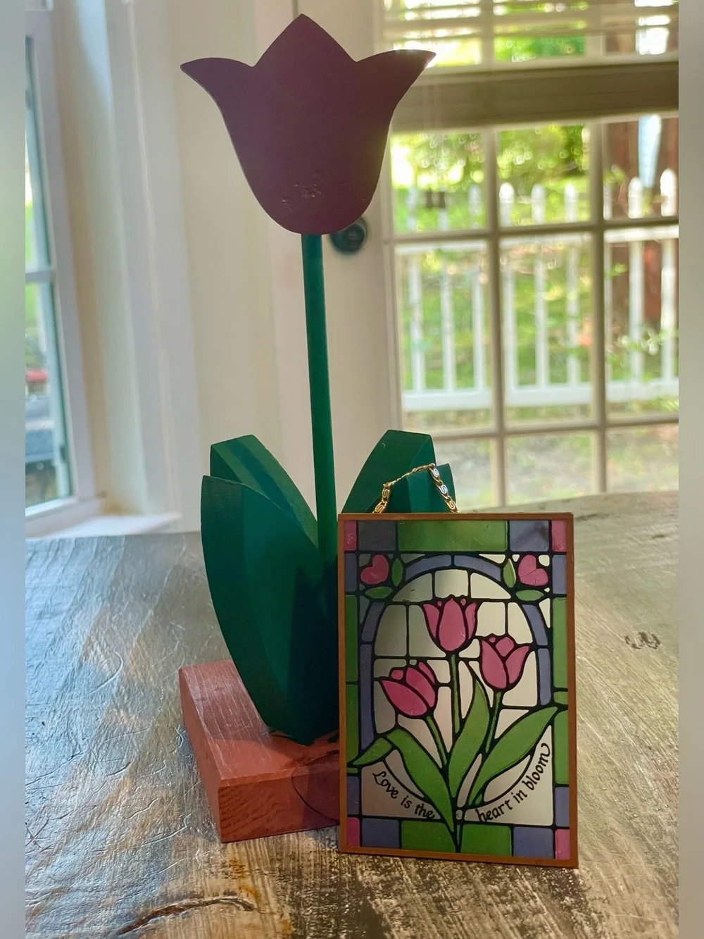 Tulip Décor Bundle – Wooden Flower & “Love Is the Heart in Bloom” Suncatcher